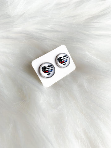 Thin Red and Blue Line Heart Cab Stud
