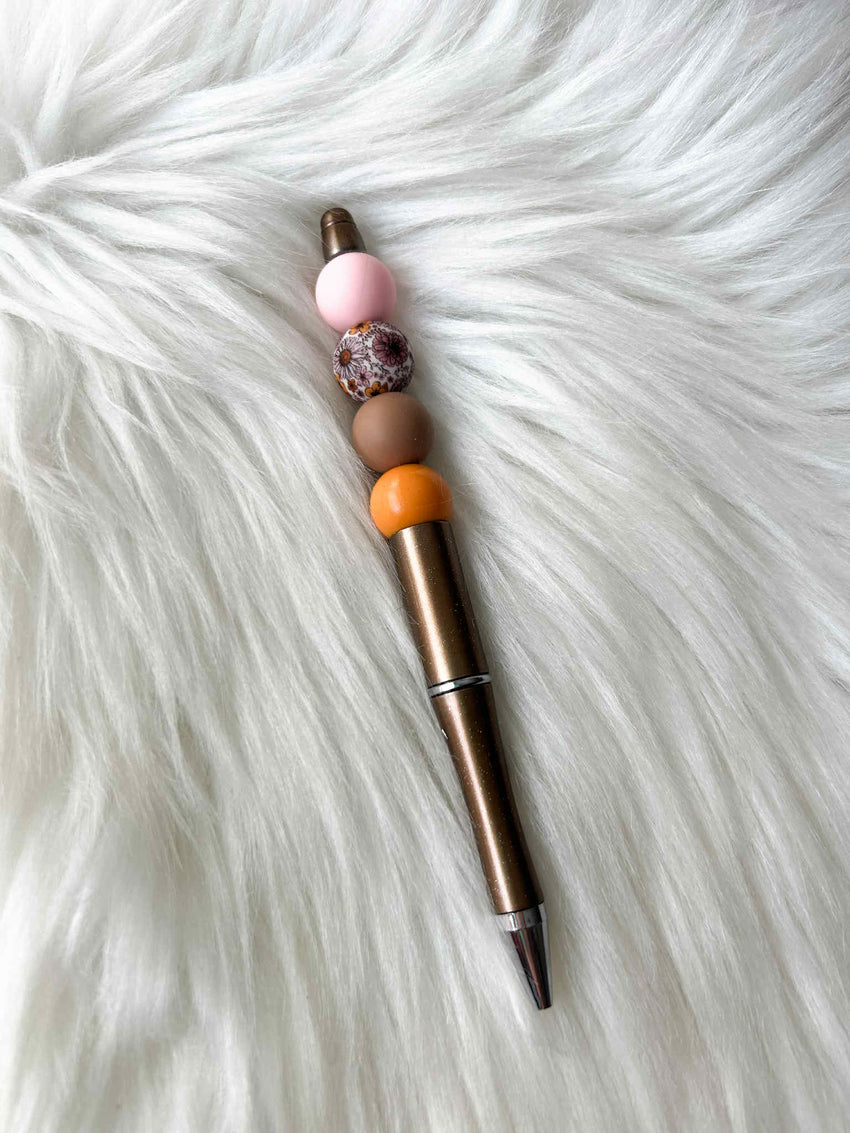 Boho Flower (White) - Pink/Mauve/Mustard on Brown Glitter Pen