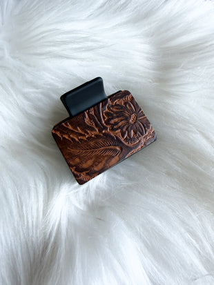 Brown Embossed Leather Hair Clip (Small)
