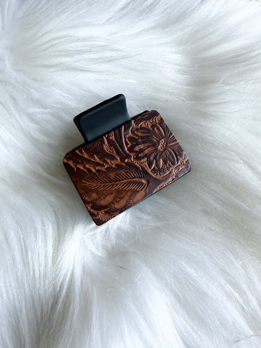 Brown Embossed Leather Hair Clip (Small)