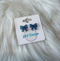 Light Blue Glitter Bow Studs