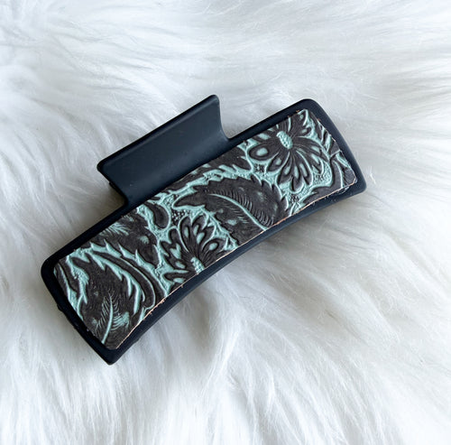 Teal Embossed Leather Hair Clip (Large)
