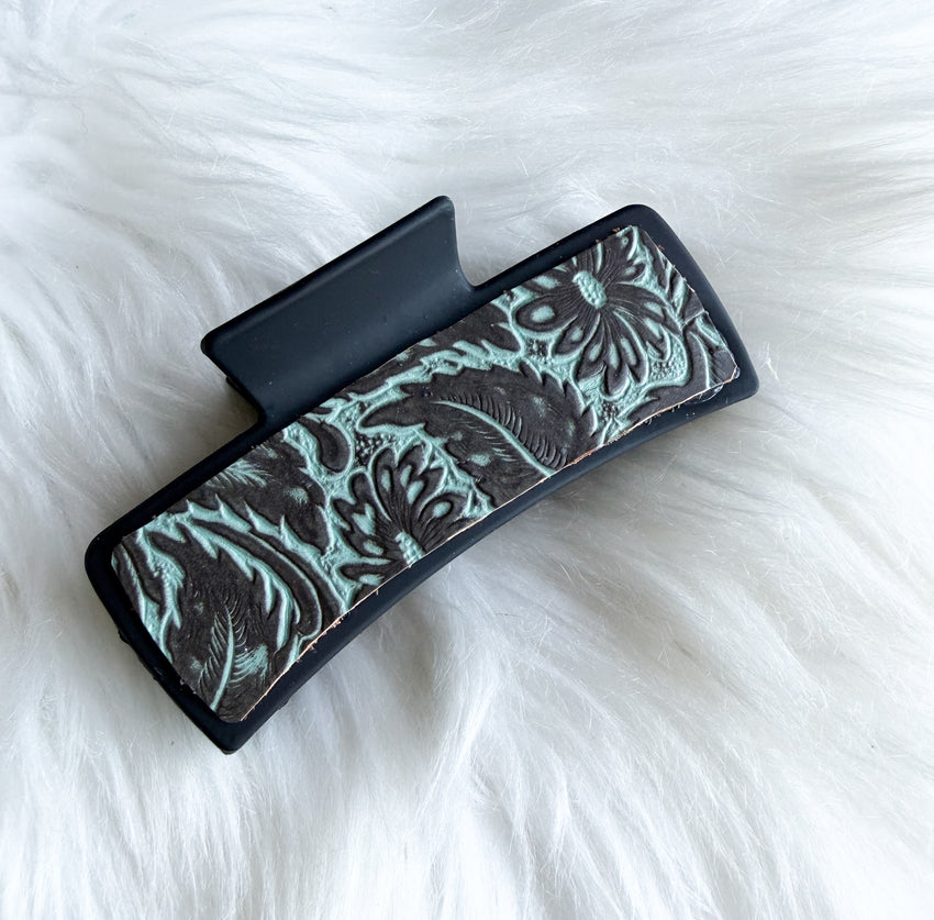 Teal Embossed Leather Hair Clip (Large)
