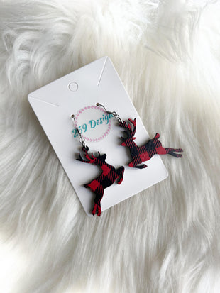 Red and Black Buffalo Plaid Reindeer Dangles