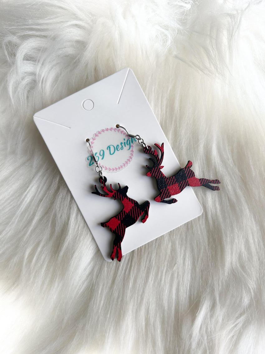 Red and Black Buffalo Plaid Reindeer Dangles