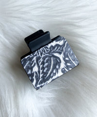 Black and White Floral Embossed Leather Hair Clip (Small)
