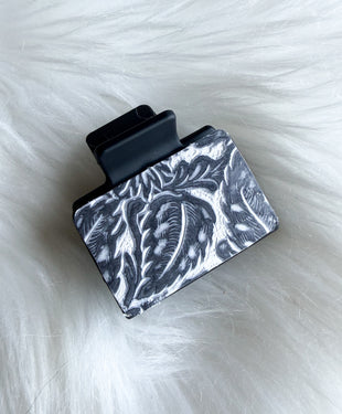 Black and White Floral Embossed Leather Hair Clip (Small)