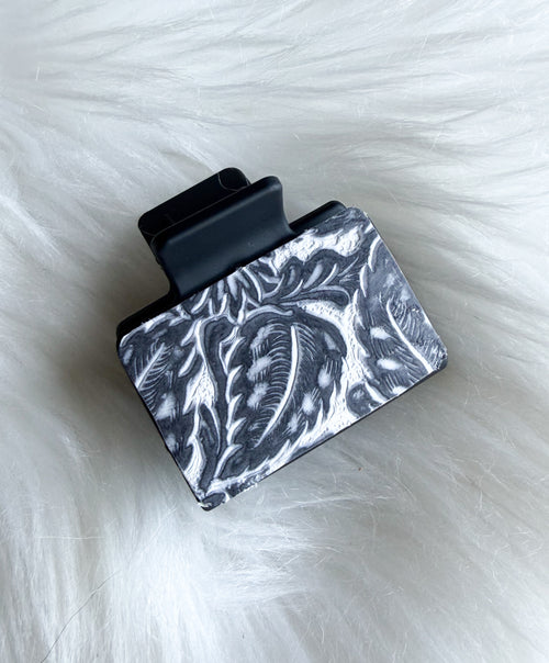 Black and White Floral Embossed Leather Hair Clip (Small)