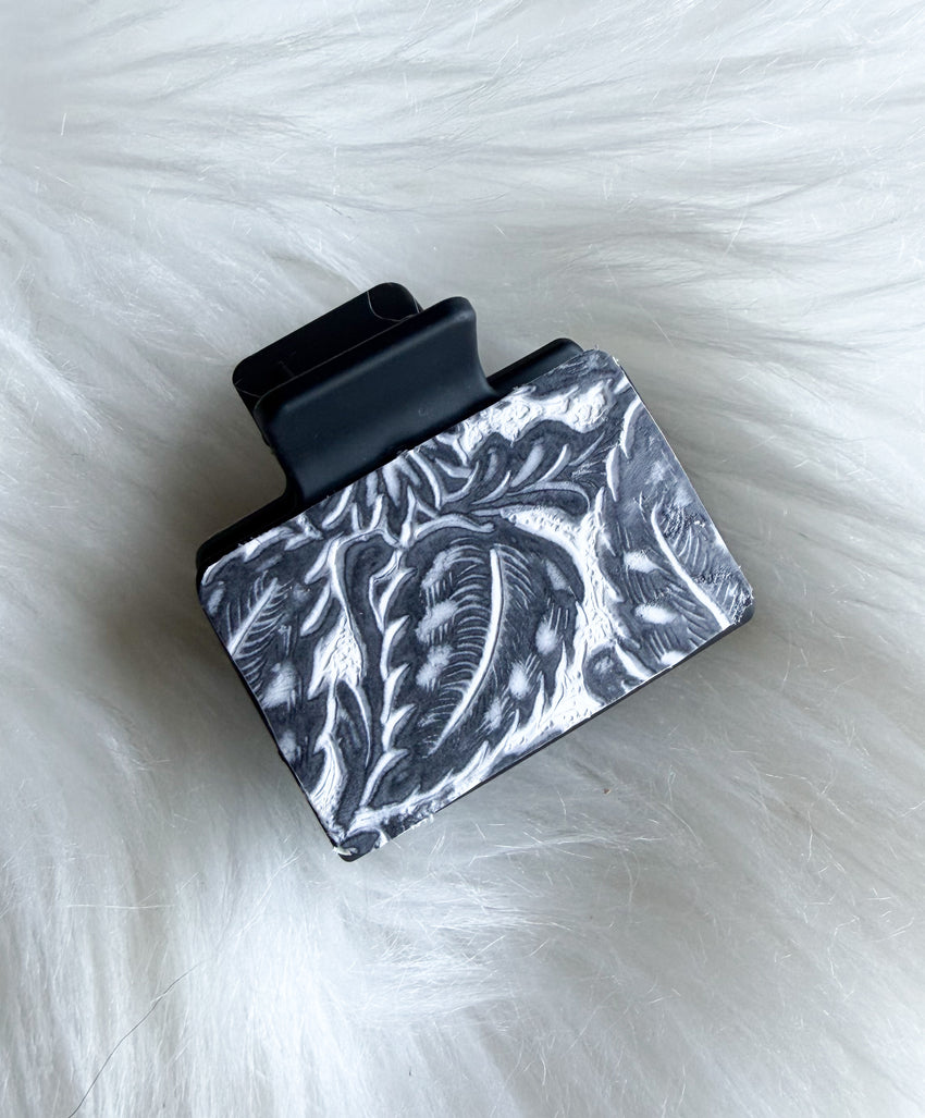Black and White Floral Embossed Leather Hair Clip (Small)