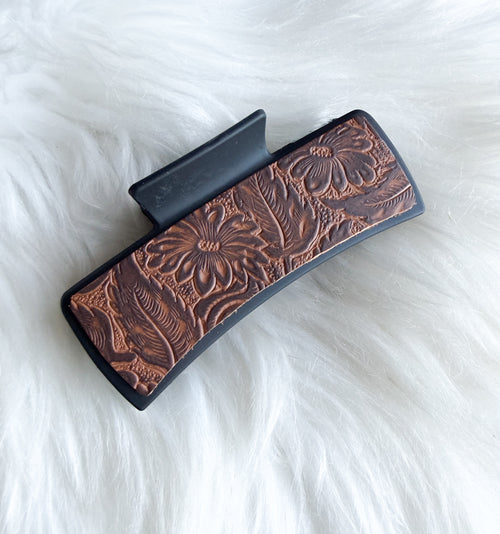 Brown Embossed Leather Hair Clip (Large)