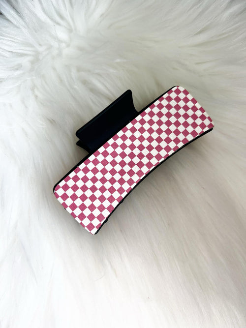 Pink and White Checkerboard Hair Clip (Large)