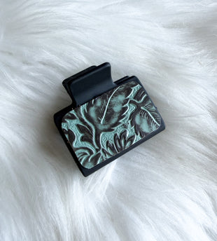 Teal Embossed Leather Hair Clip (Small)