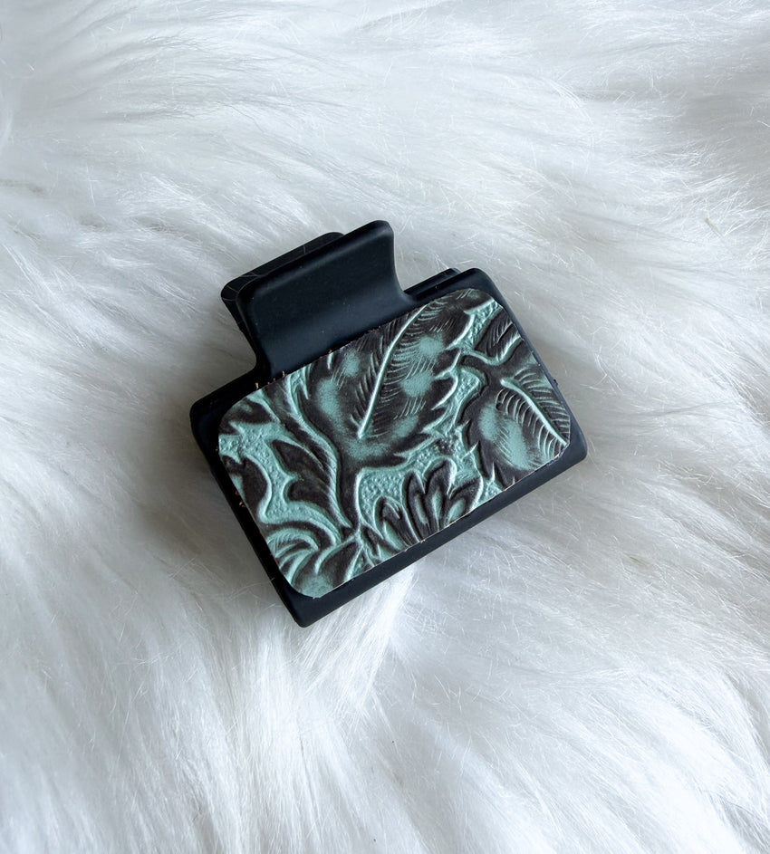Teal Embossed Leather Hair Clip (Small)