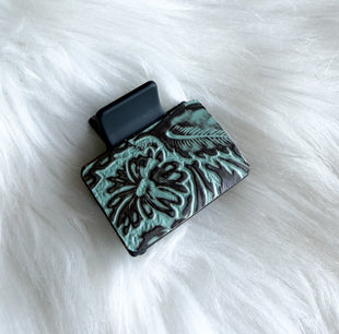 Teal Embossed Leather Hair Clip (Small)