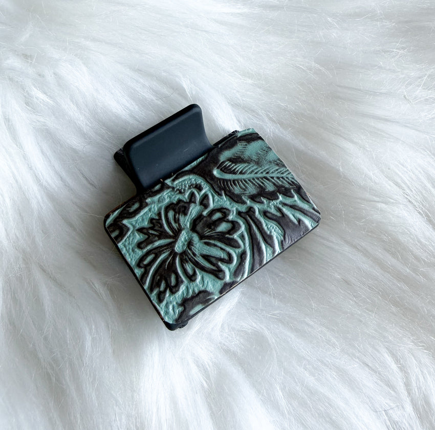 Teal Embossed Leather Hair Clip (Small)