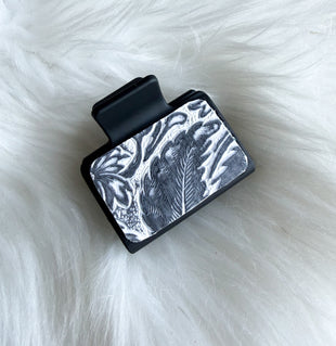 Black and White Floral Embossed Leather Hair Clip (Small)