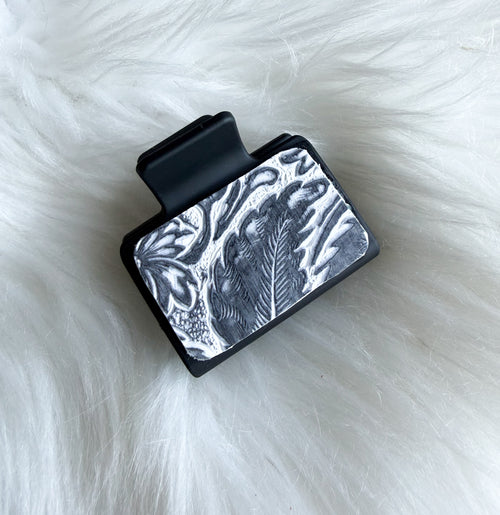 Black and White Floral Embossed Leather Hair Clip (Small)