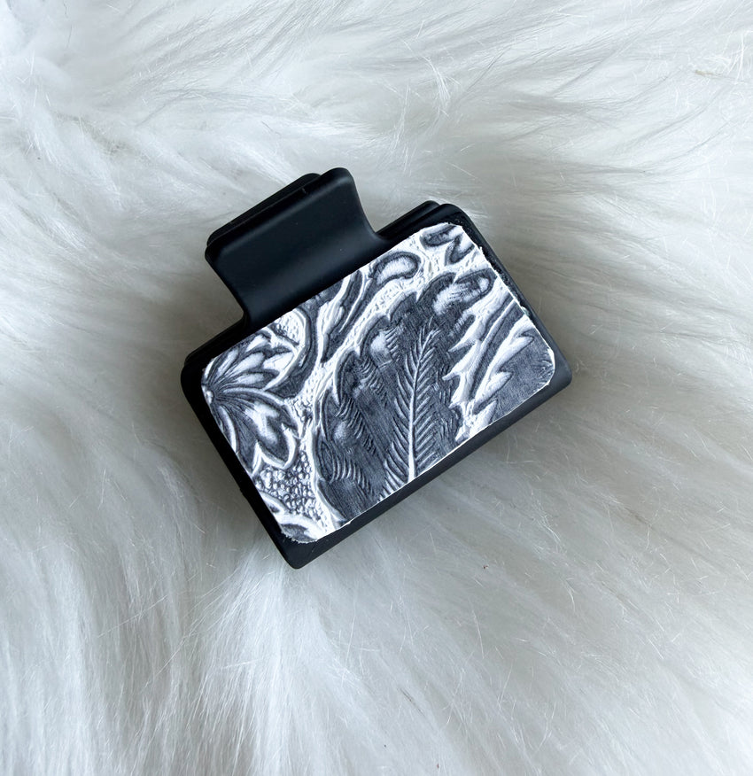 Black and White Floral Embossed Leather Hair Clip (Small)