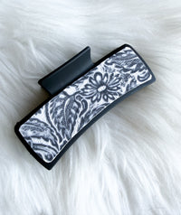 Black and White Embossed Leather Hair Clip (Large)