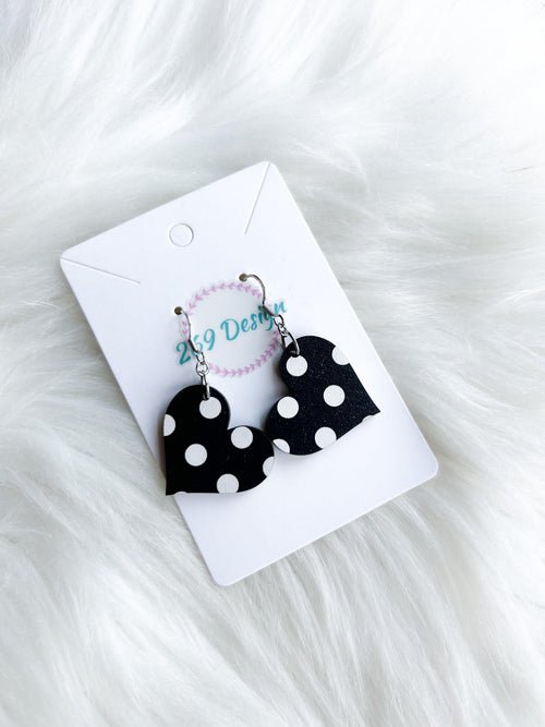 Black and White Polka Dot Heart Dangles