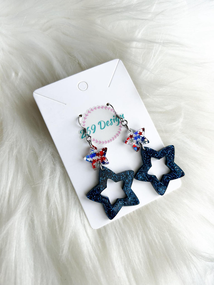 Stacked Star Dangles (Red White and Blue Star Glitter)