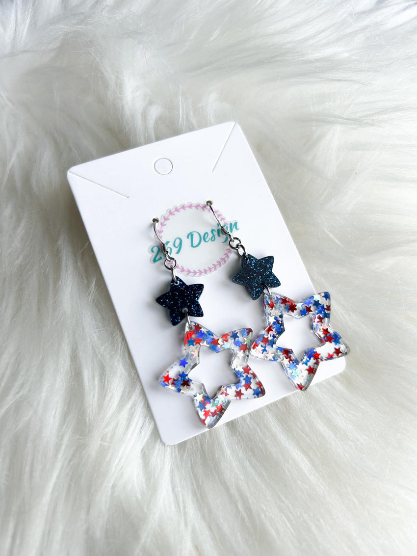 Stacked Star Dangles (Red White and Blue Star Glitter)