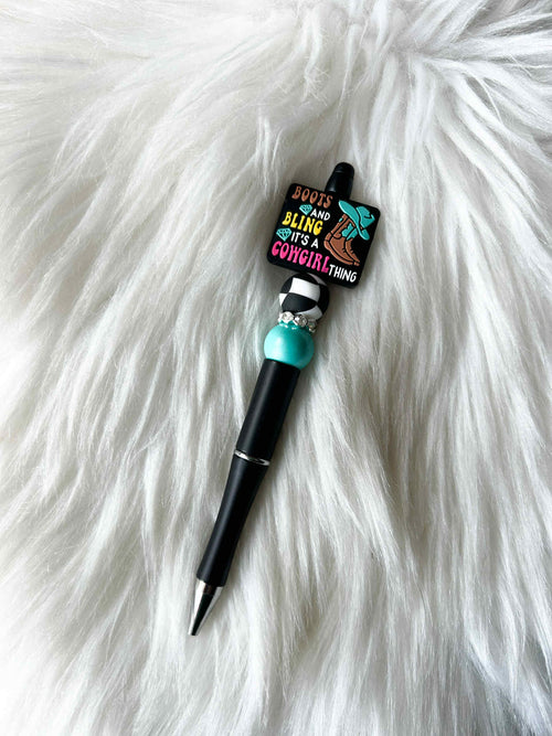 It's A Cowgirl Thing -Black/White/Teal on Black Pen