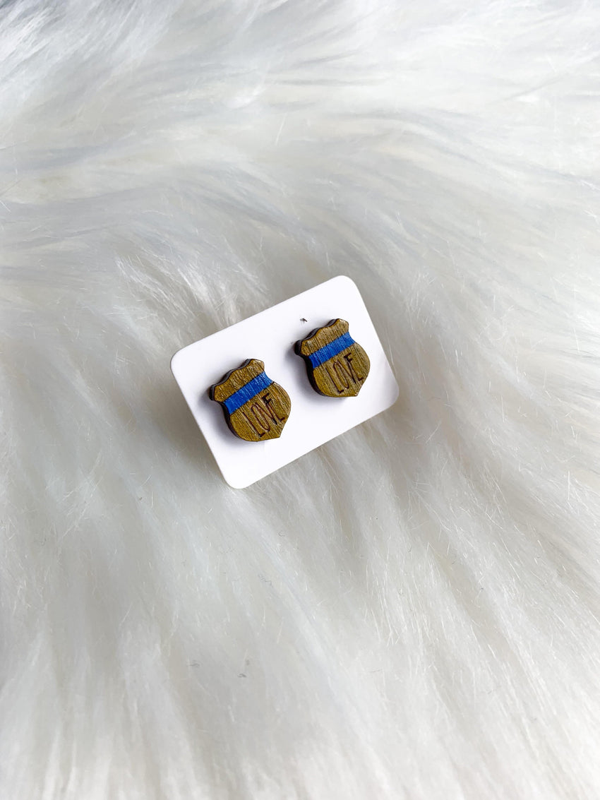 Police Badge with Love and Thin Blue Line Studs