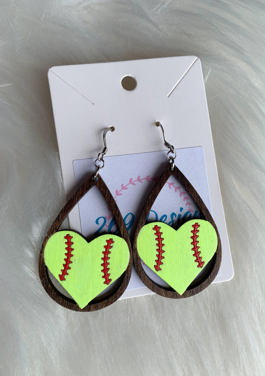 Softball Heart Wood Dangles