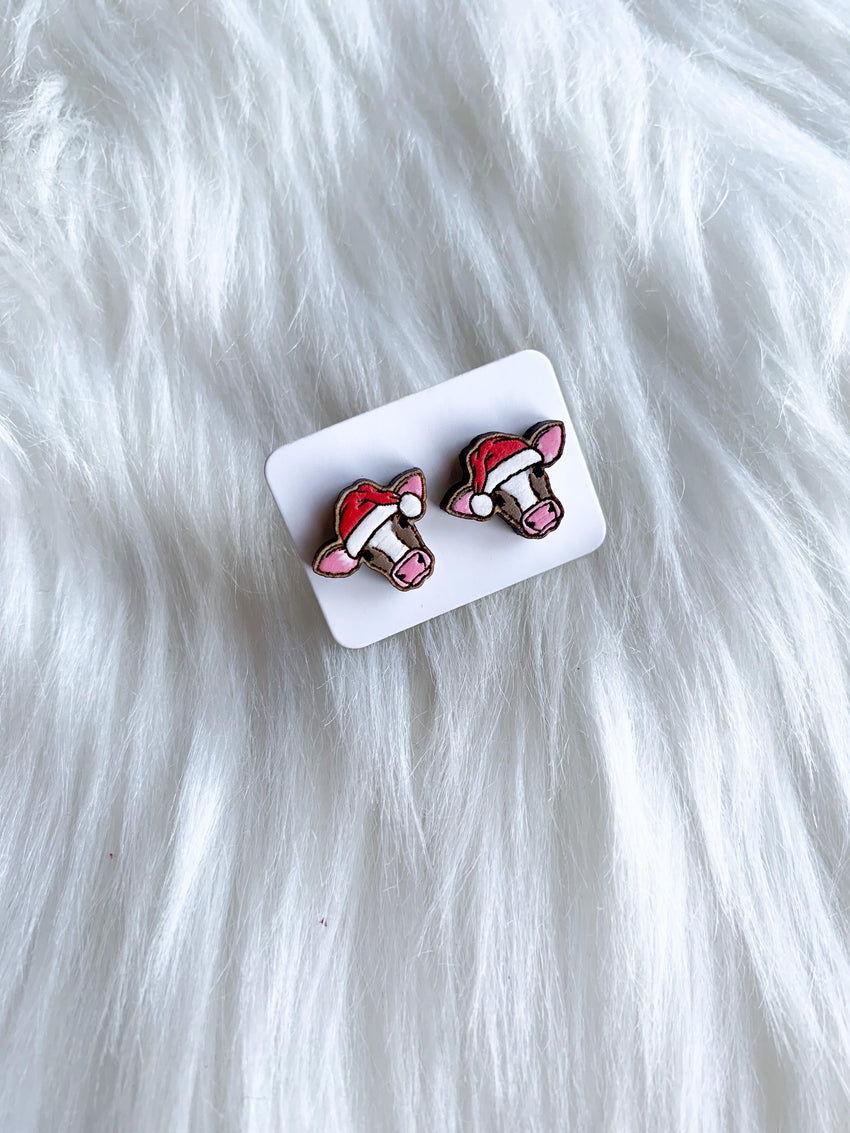 Cow in Santa Hat Studs