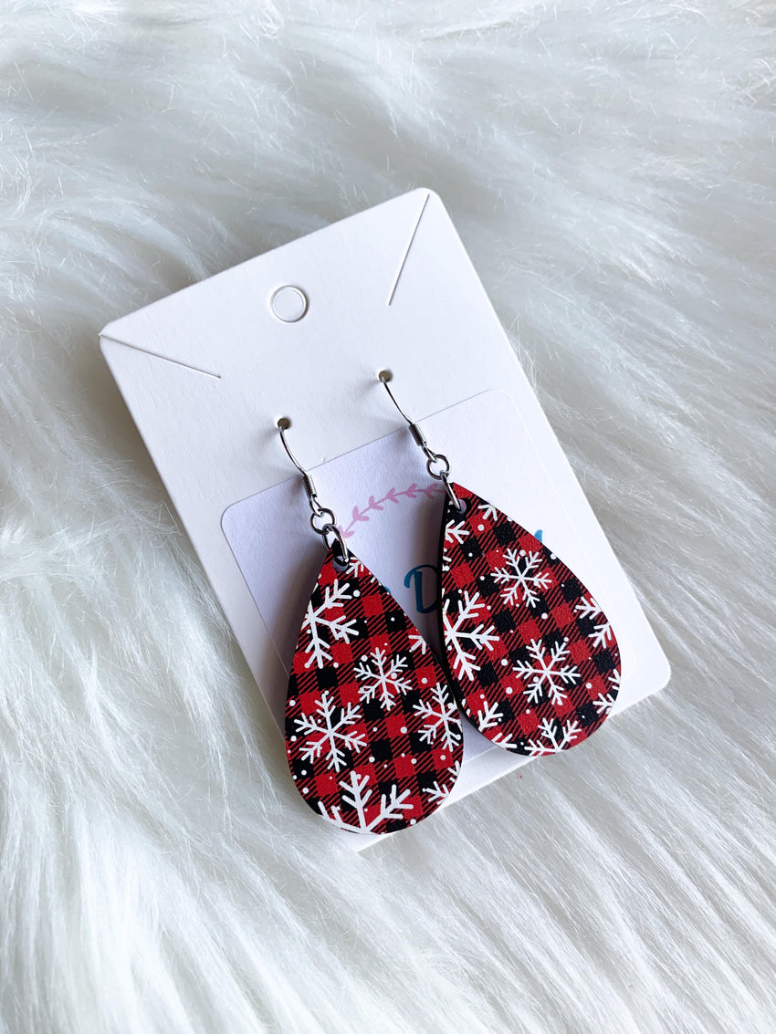 Red and Black Buffalo Plaid Snowflake Teardrops